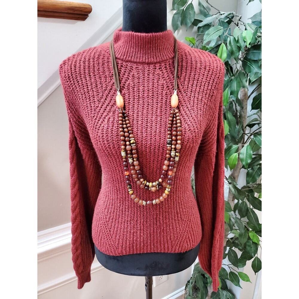 BP. Women's Red Cotton Long Sleeve Mock Neck Pullover Knit Sweater Size 2XS - Picture 2 of 12